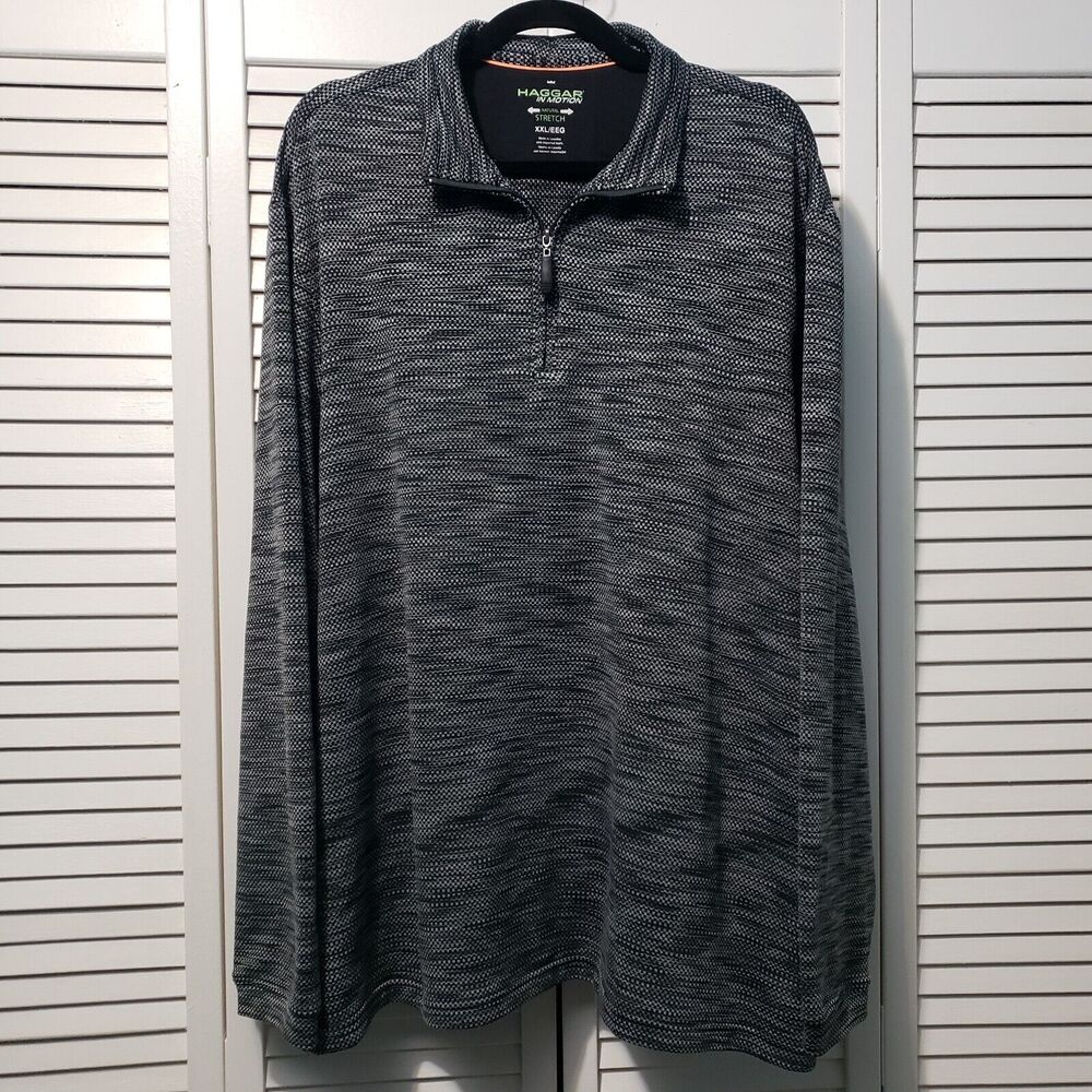 Haggar In Motion 1/4 Zip Knit Sweater Men's 2XL Black Gray Activewear Pullover